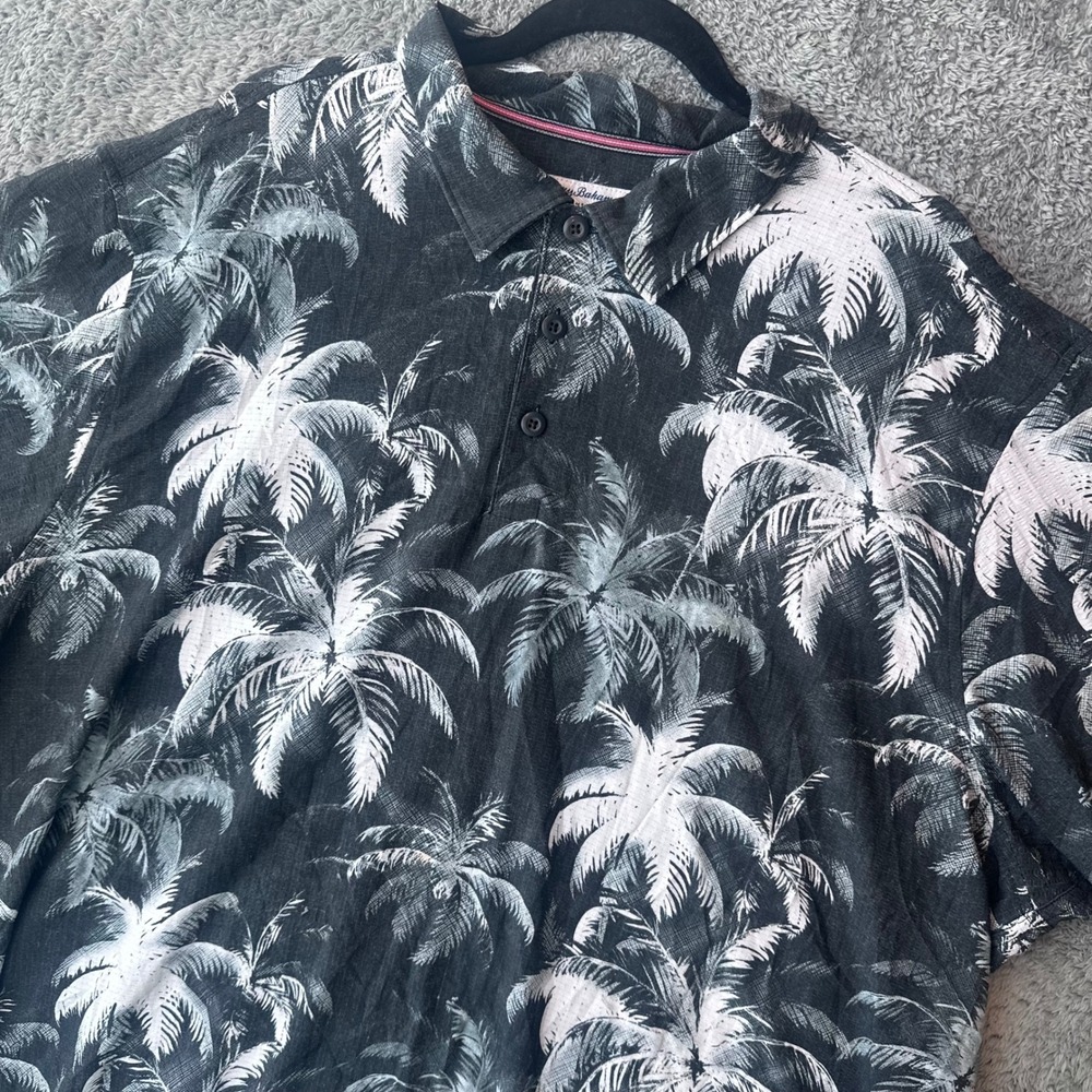 Tommy Bahama Polo Shirt IslandZone Mens 2XLT Black The Bahama Coast Palm Trees